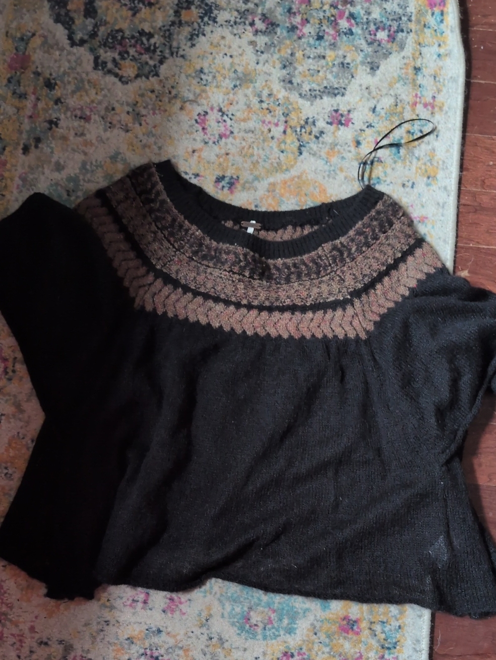 Free People Black Sweater with Brown Fair Isle Yoke